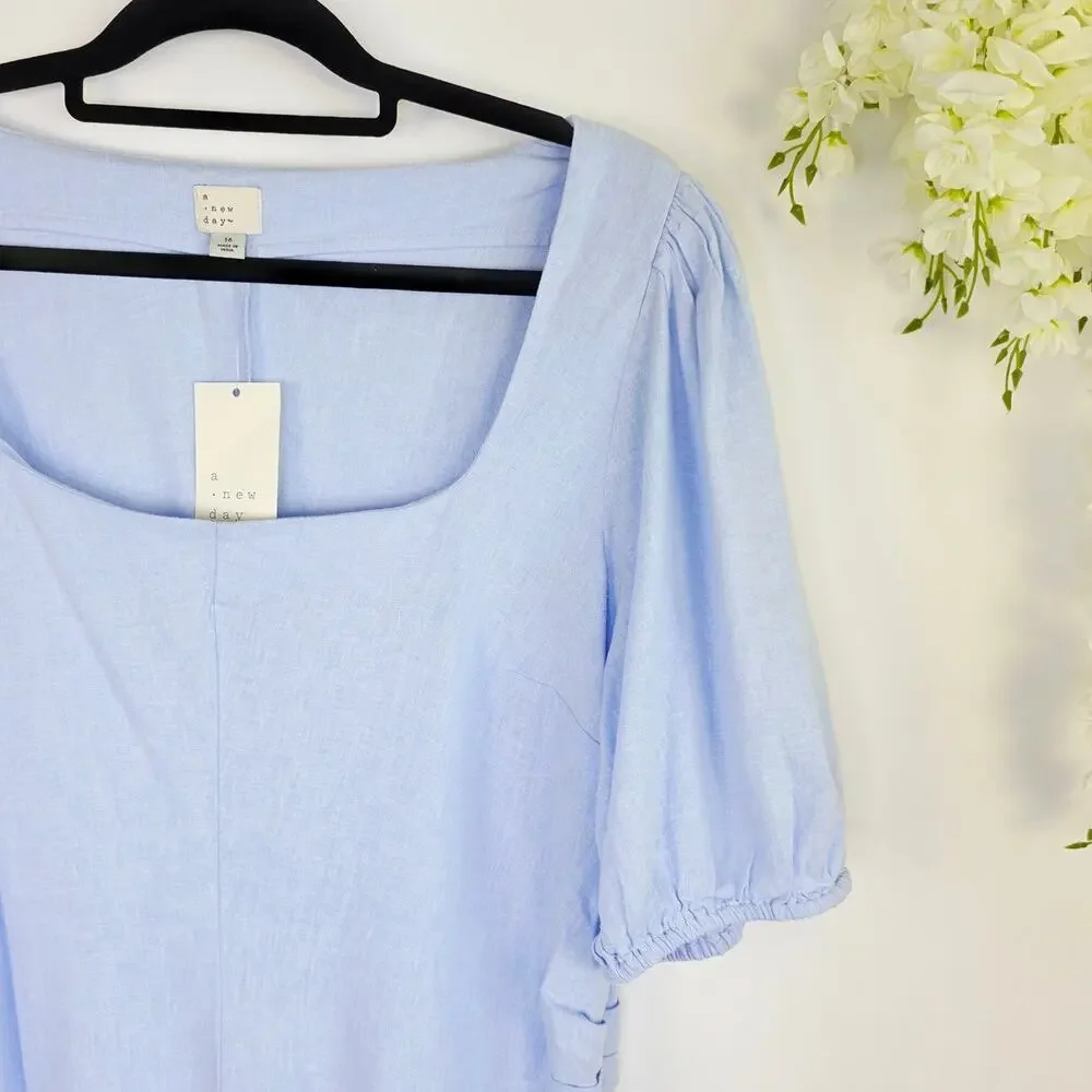 A New Day Mini Linen Dress Size 16 Light Blue Puff Sleeve Cottage Coastal Beach